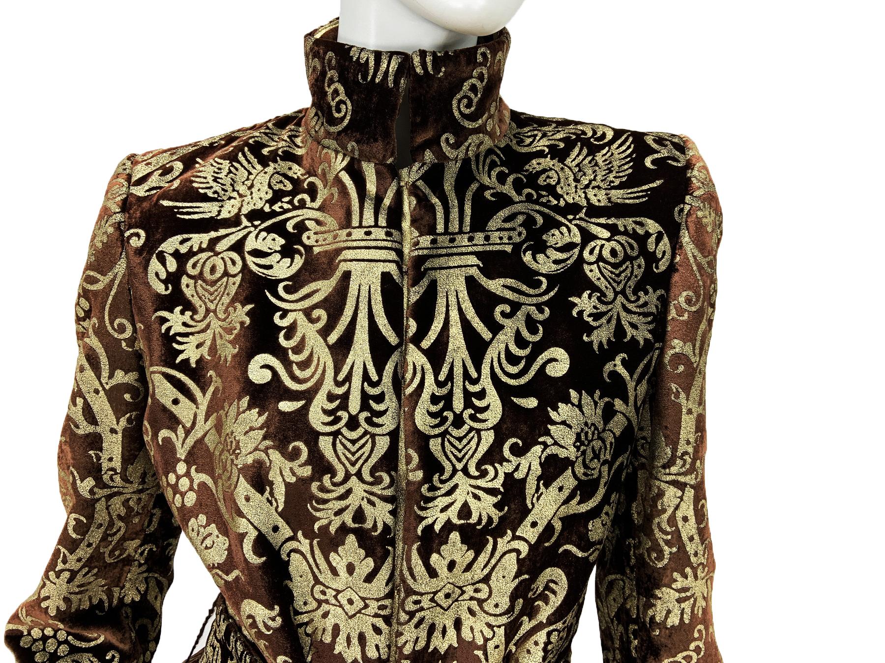 New Roberto Cavalli FW 2006 Brown Velvet Metallic Gold Painted Belted Coat It 40 In New Condition For Sale In Montgomery, TX