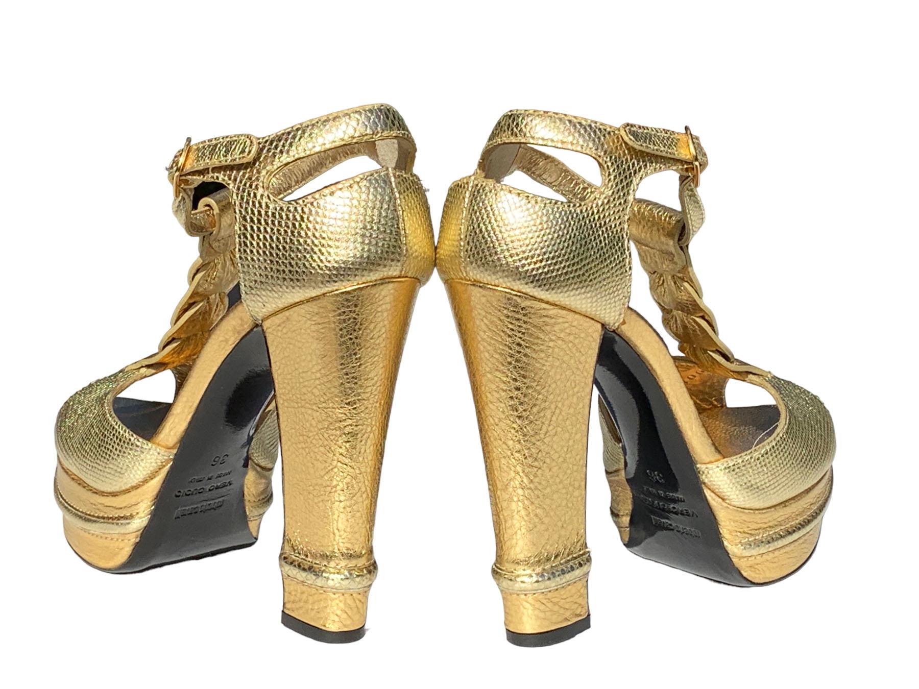 New Roberto Cavalli Gold Leather Lizard Print T-strap Platform Shoes It 36 US 6 In condizioni Nuovo in vendita a Montgomery, TX