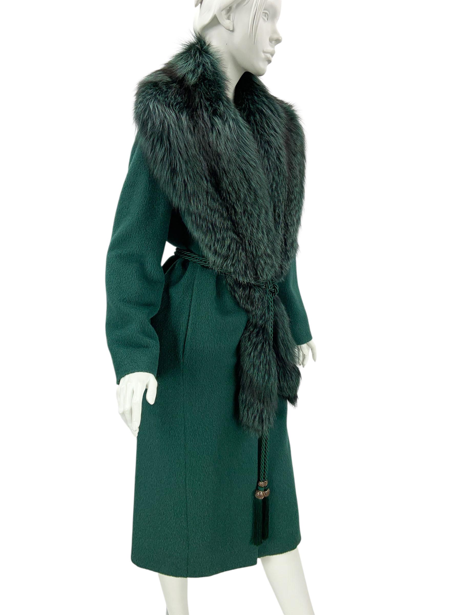 Nero New Roberto Cavalli Green Alpaca Wool Coat Silver Fox Fur Collar It 38 Oversize in vendita