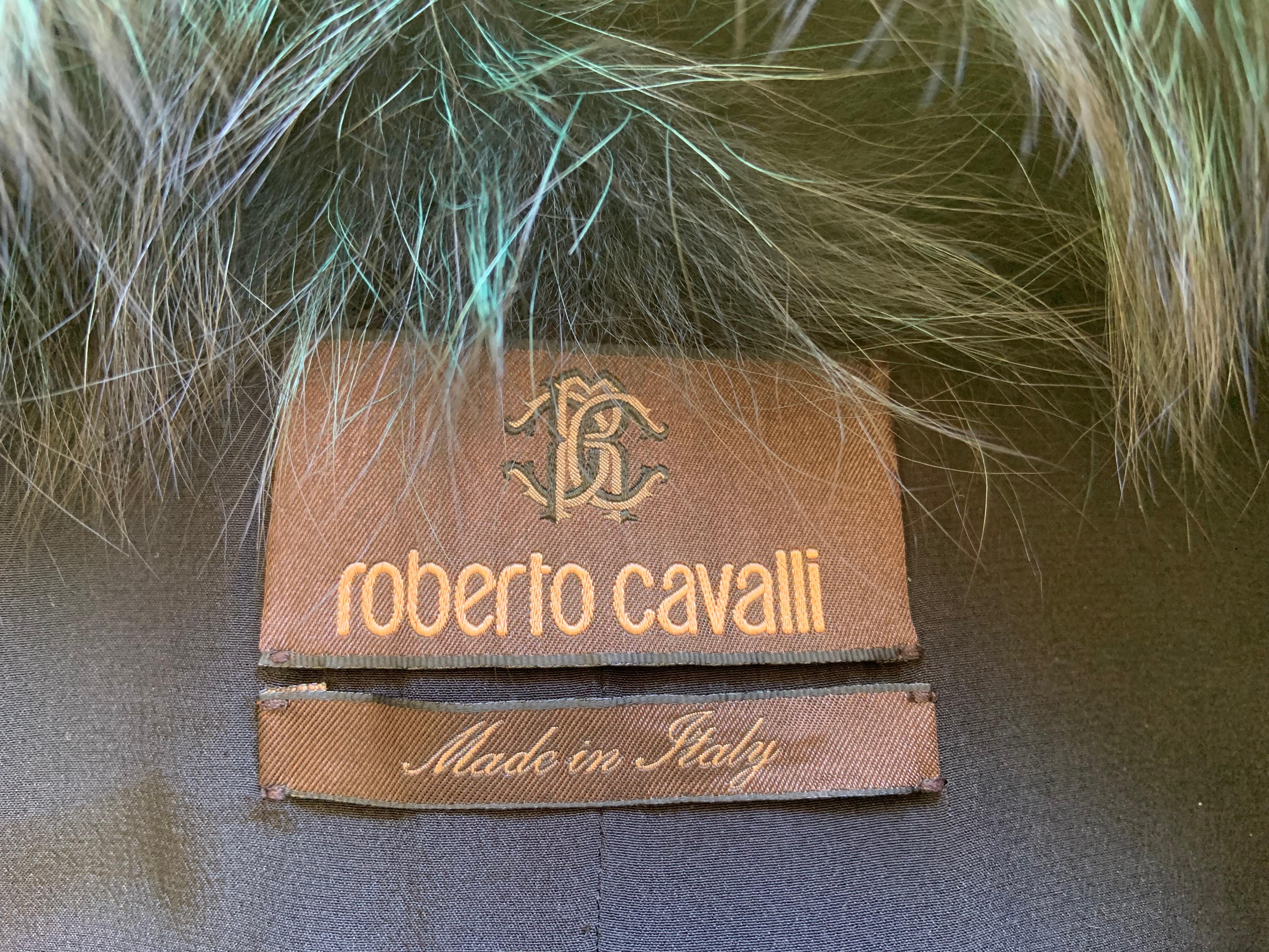 Donna New Roberto Cavalli Green Alpaca Wool Coat Silver Fox Fur Collar It 38 Oversize in vendita