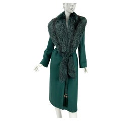 New Roberto Cavalli Green Alpaca Wool Coat Silver Fox Fur Collar It 38 Oversize