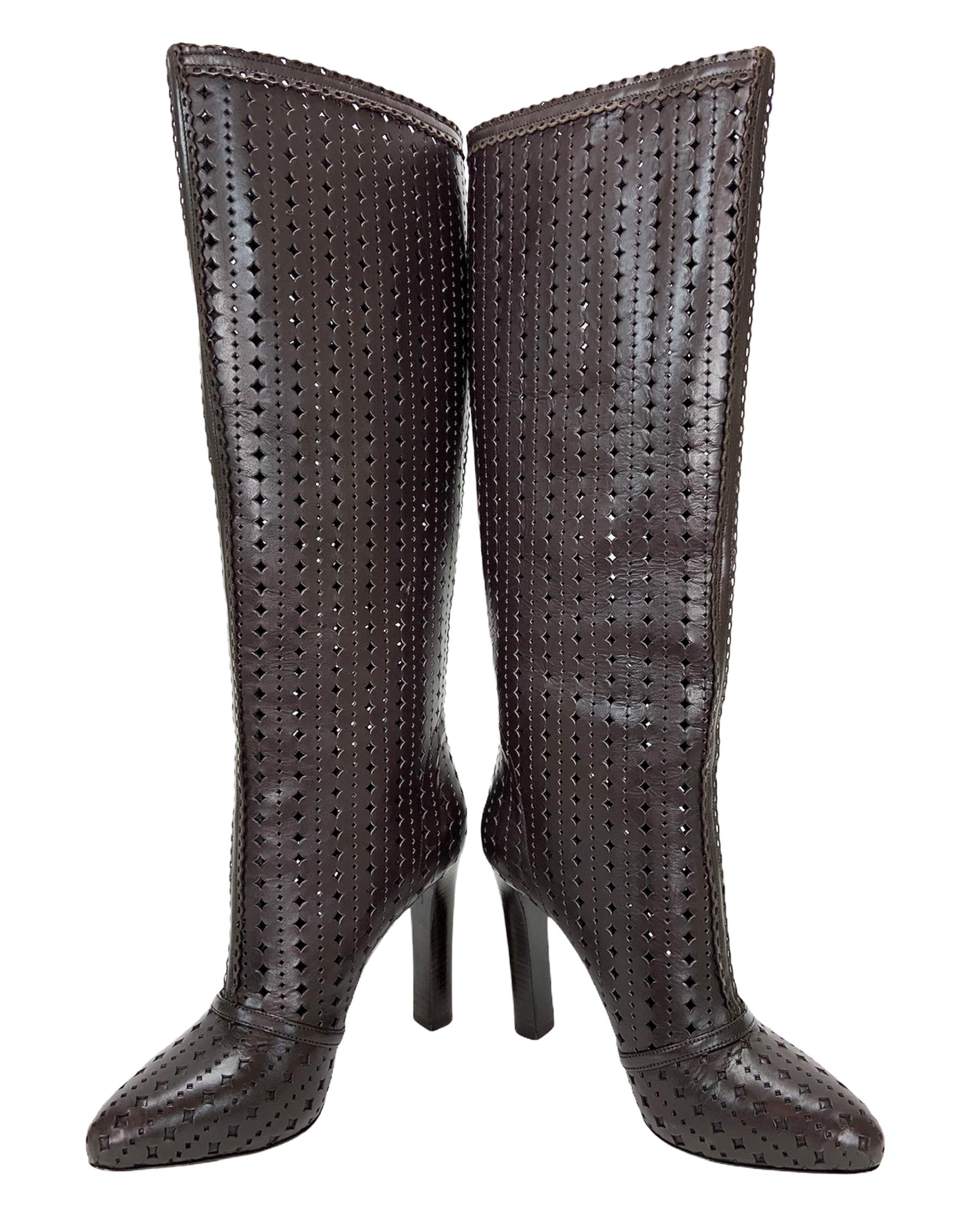 Black New Roberto Cavalli Laser Cut Leather Chocolate Brown Knee High Boots It 39 US 9