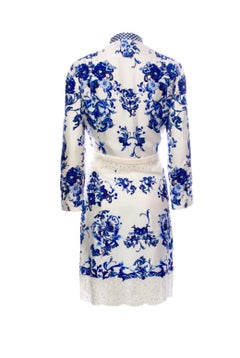 NEW Roberto Cavalli White & Blue Porcelain Print Silk Dress with Eyelet Details