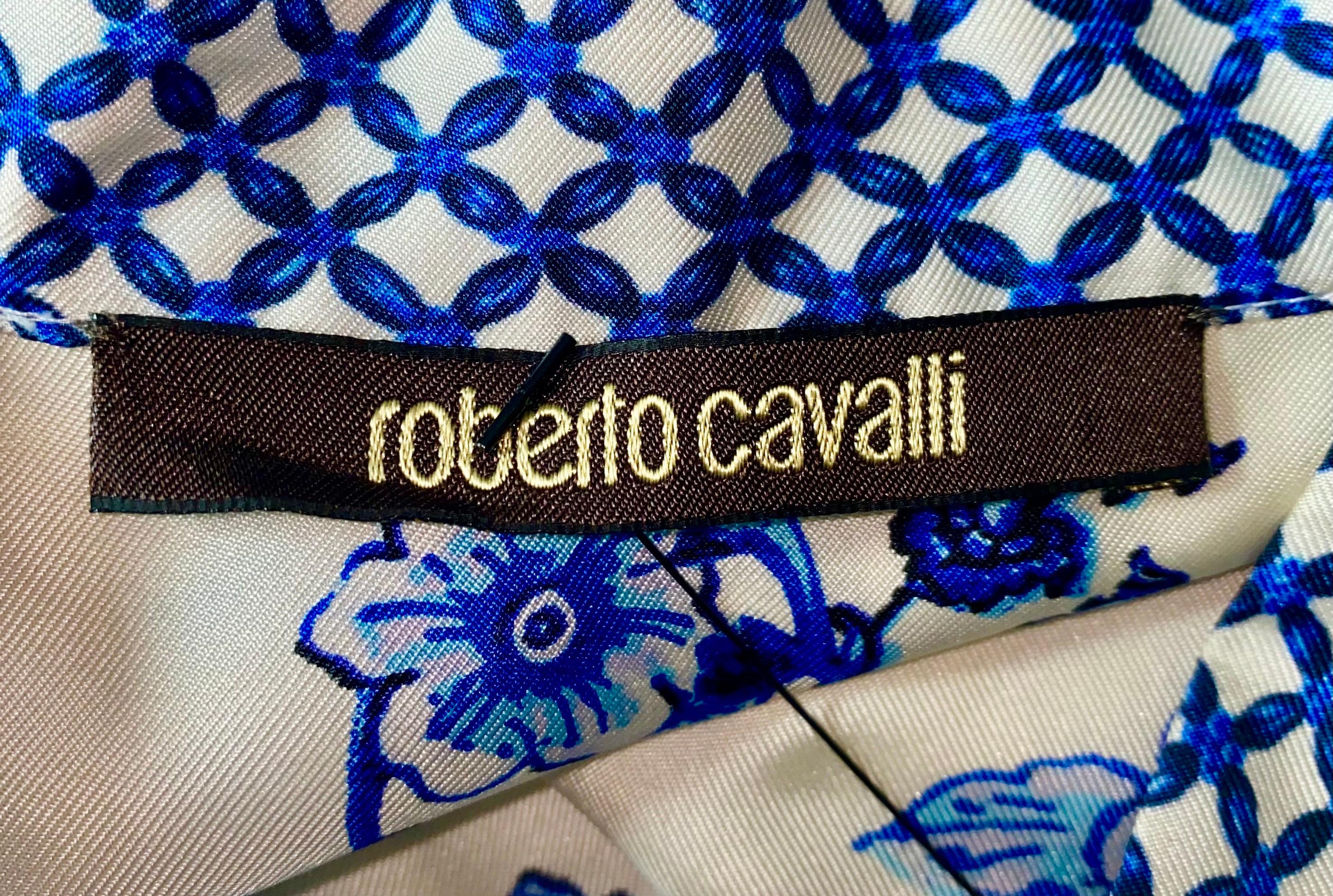 Gray NEW Roberto Cavalli White & Blue Porcelain Print Silk Dress with Eyelet Details