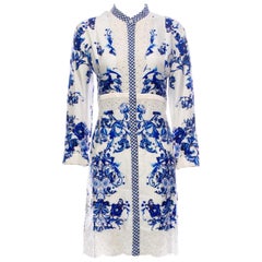 NEW Roberto Cavalli White & Blue Porcelain Print Silk Dress with Eyelet Details