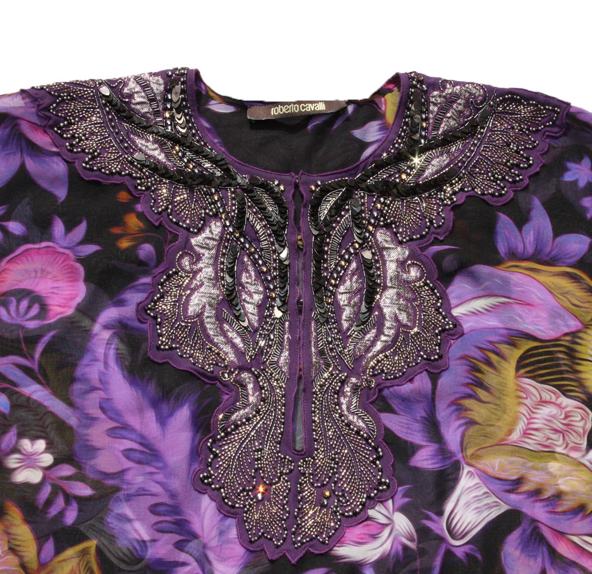 New ROBERTO CAVALLI Silk Beads Sequin Embellished Kimono Caftan Dress It. 46 In New Condition For Sale In Montgomery, TX