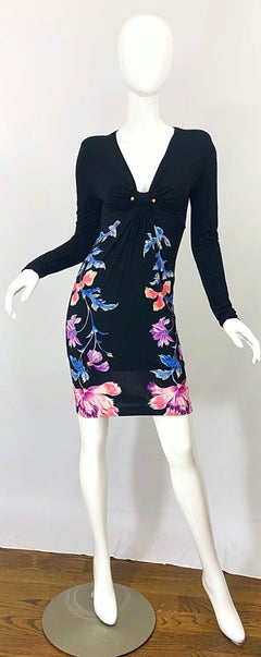 Roberto Cavalli Y2K Strong Shoulders Silk Jersey Rhinestone Long Sleeve Dress