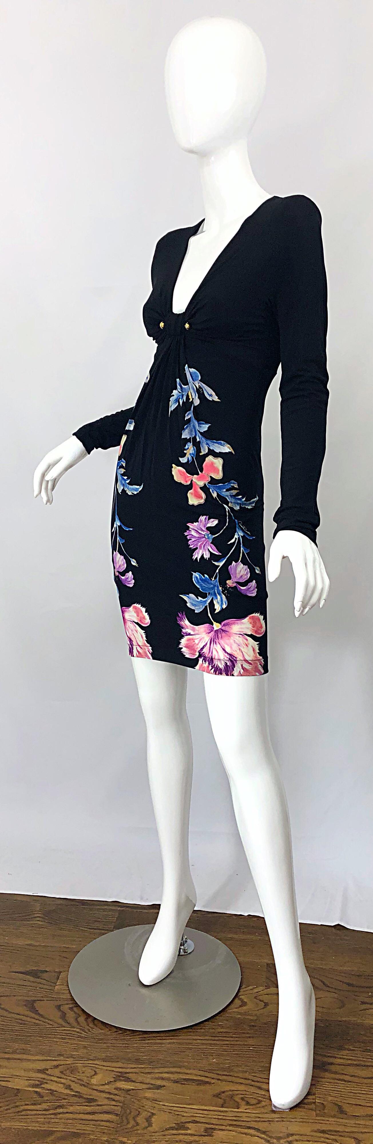 Roberto Cavalli Y2K Strong Shoulders Silk Jersey Rhinestone Long Sleeve Dress In Excellent Condition For Sale In San Diego, CA