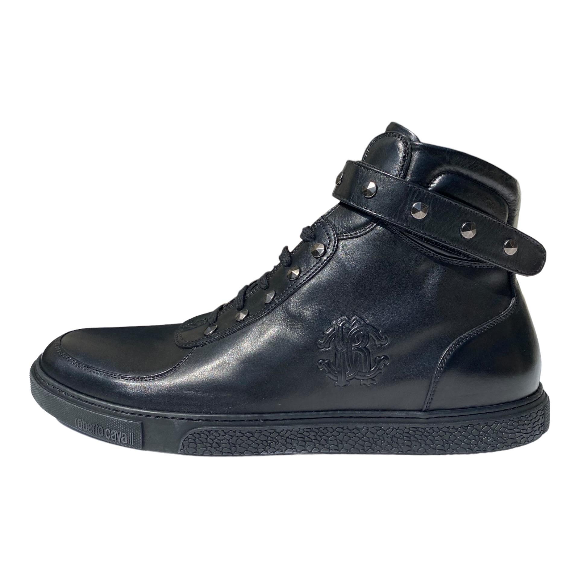 New Roberto Cavalli Studded Black Leather High Top Sneakers for Men 43.5 - 45 For Sale