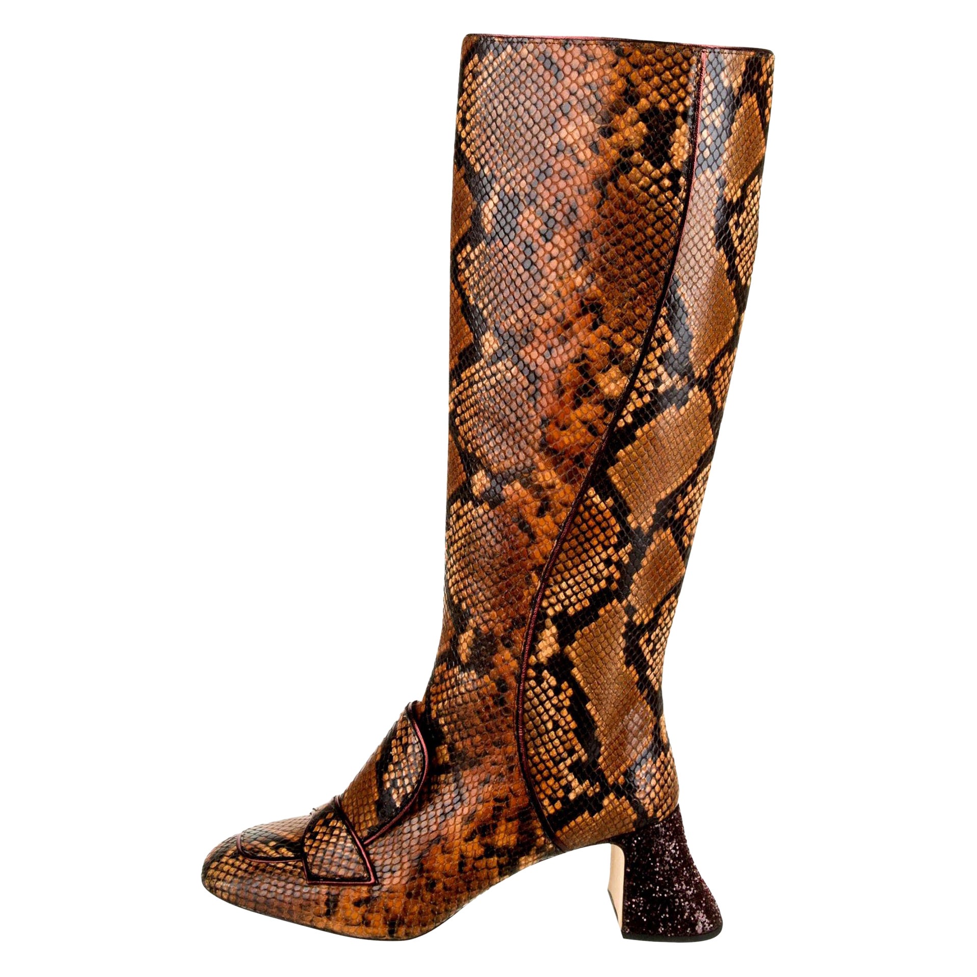 Pre-owned Rochas New Python Crystal Pascal Boots F/w 2018 Size 38 In Brown