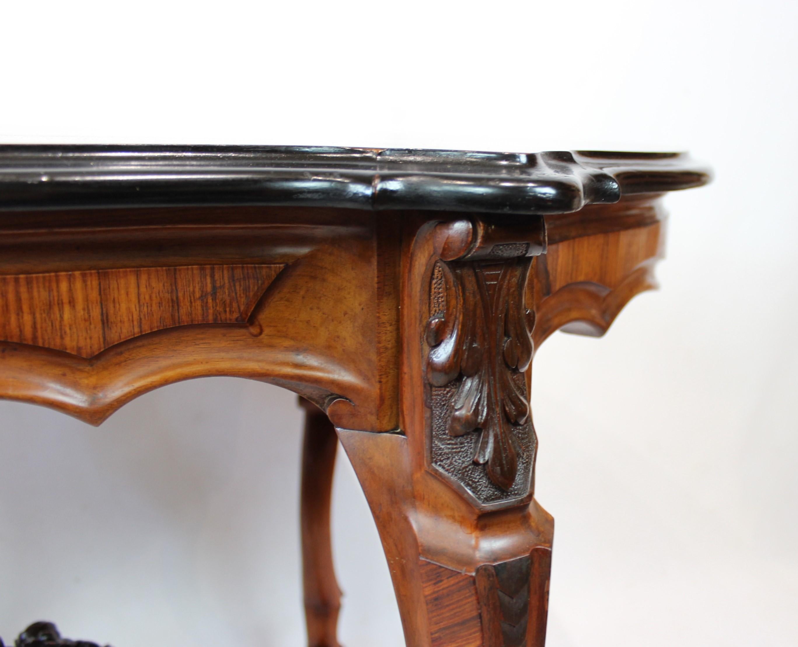 Danish New Rococo Pedestal Table of Walnut with Carvings and Inlaid Intarsia, 1880s