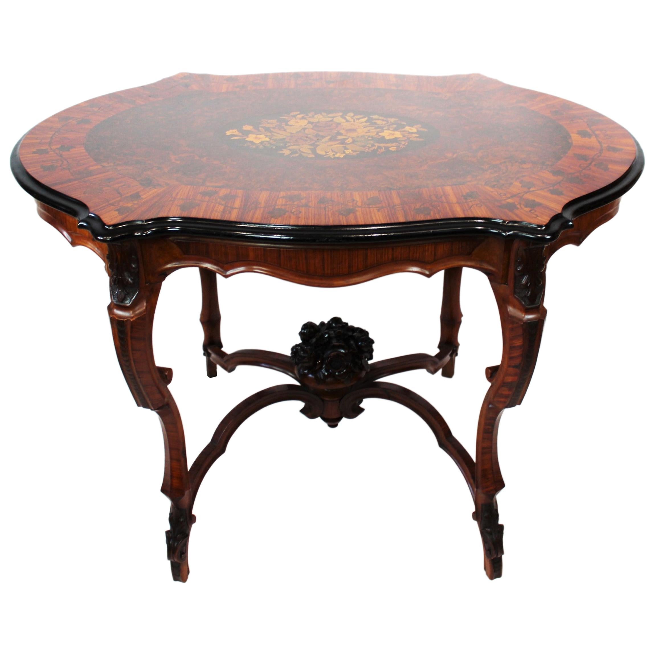 New Rococo Pedestal Table of Walnut with Carvings and Inlaid Intarsia, 1880s
