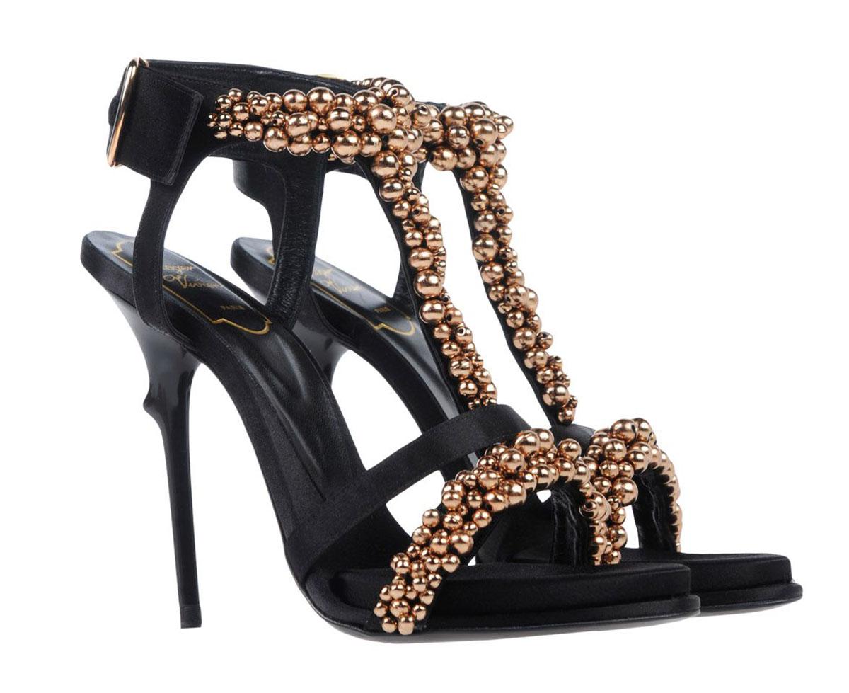 New Roger Vivier *Caviar* Black Satin High Heel Sandals
Designer size 37.5
Black Satin, Light Bronze Beads Embellished Throughout the T Strap, Buckle Closure, Thorn Shape Heel - 4.5 inches.
Retail $2495.00
Made in Italy.
New with box.

Listing code: