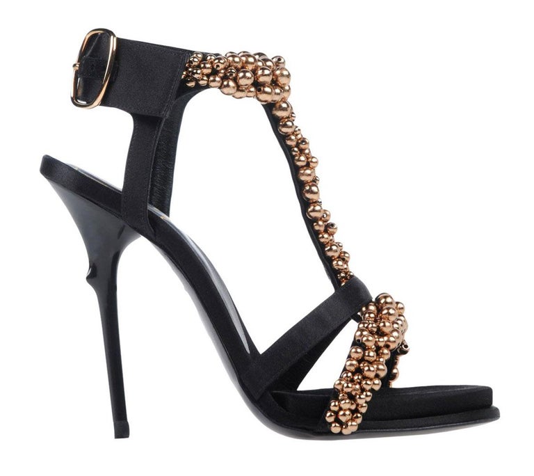 New Roger Vivier *Caviar* Black Satin Bronze Embellished Shoes Sandals ...