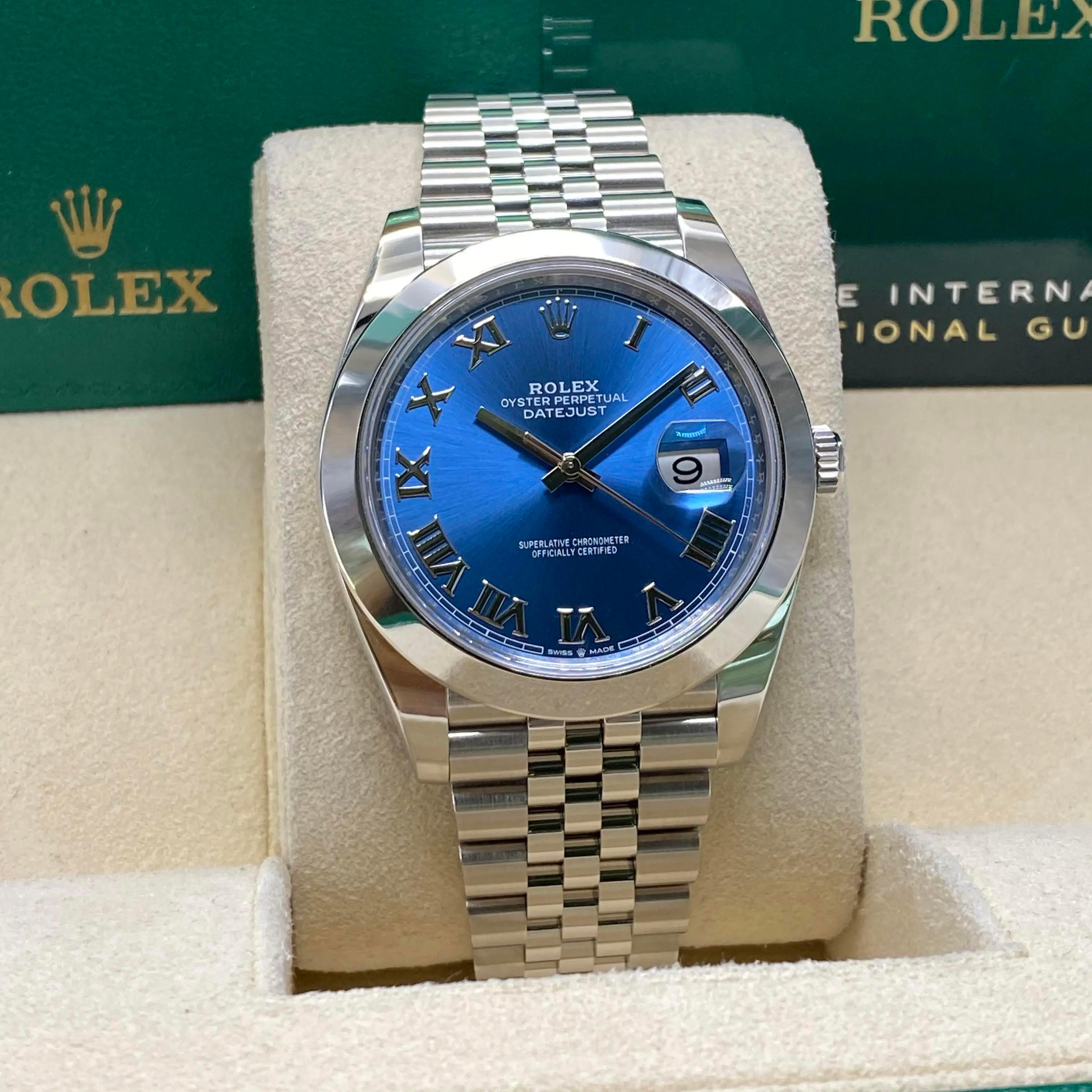 New Rolex Datejust 126300 Jubilee Steel Blue Roman Dial Automatic Watch B&P In New Condition For Sale In New York, NY