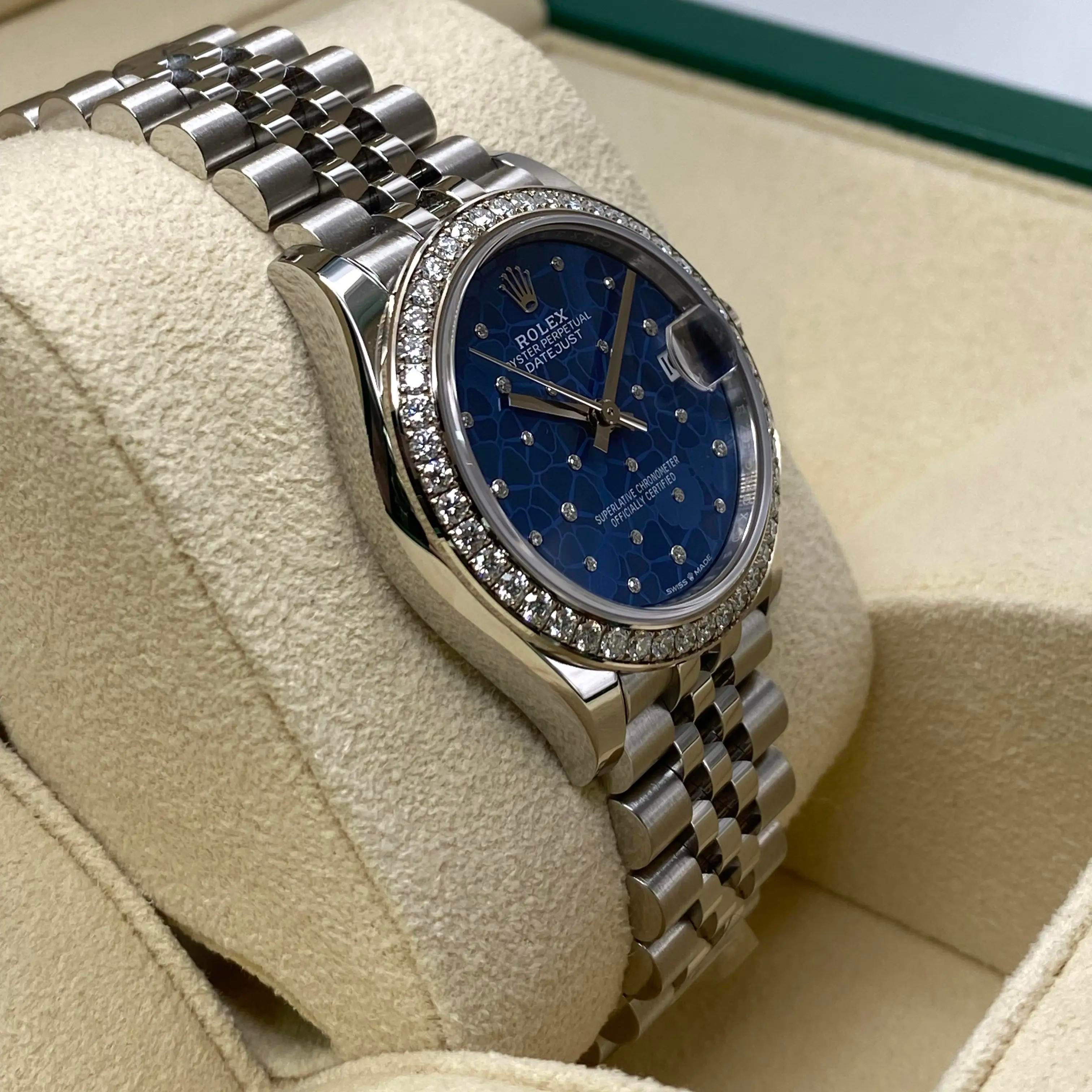 New Rolex Datejust 31mm 18K White Gold Diamond Blue Dial Ladies Watch 278384RBR In New Condition For Sale In New York, NY