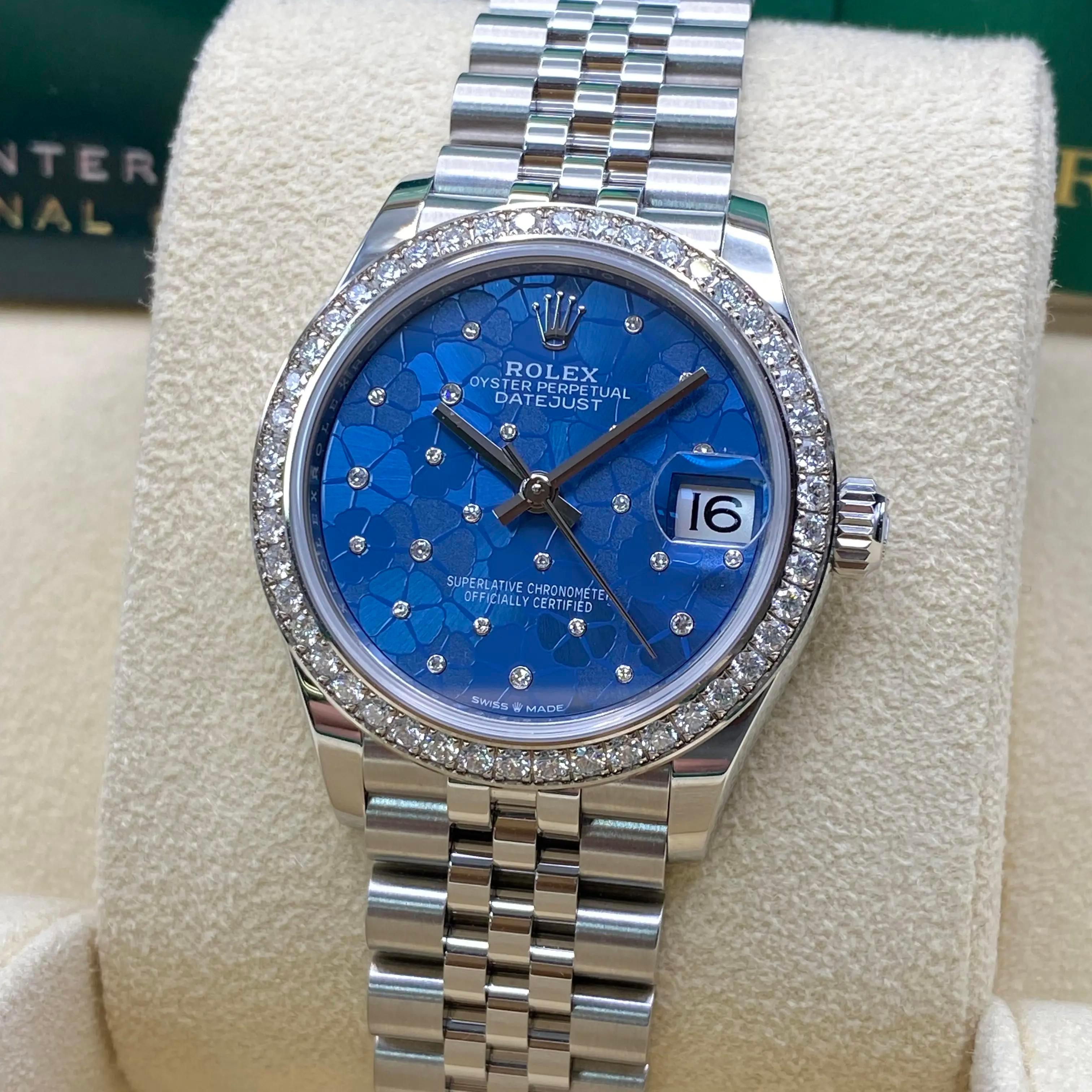 Women's or Men's New Rolex Datejust 31mm 18K White Gold Diamond Blue Dial Ladies Watch 278384RBR For Sale
