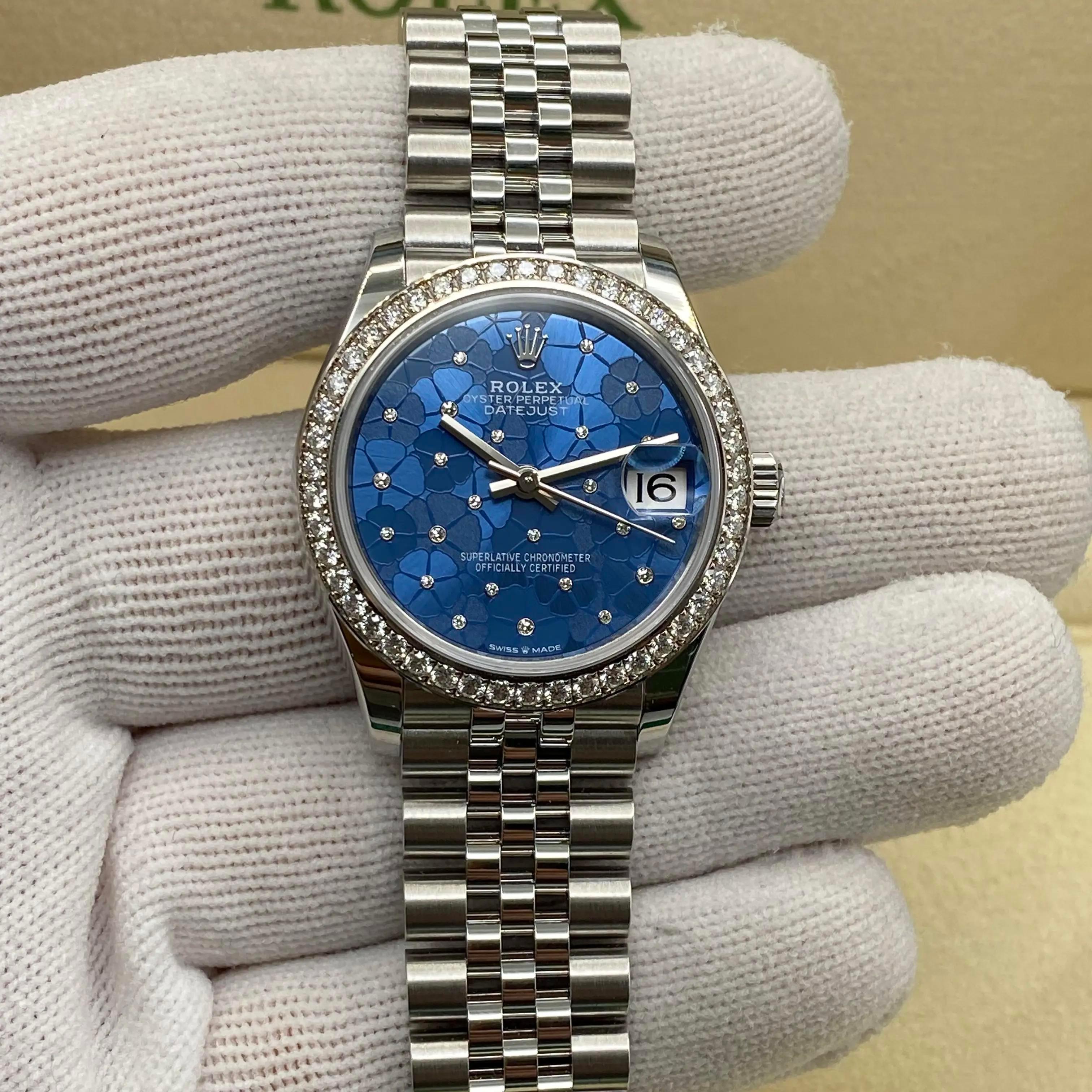 New Rolex Datejust 31mm 18K White Gold Diamond Blue Dial Ladies Watch 278384RBR For Sale 1
