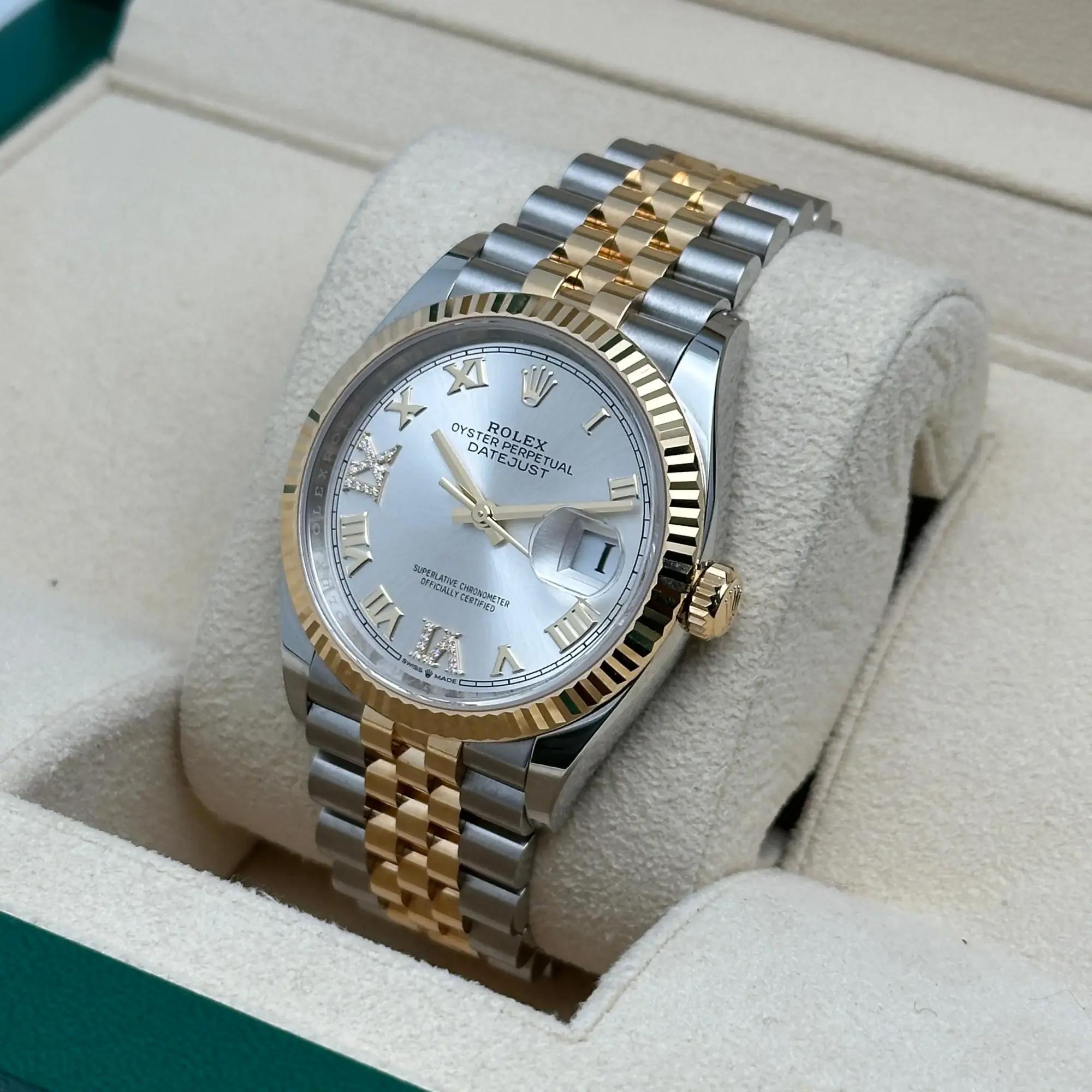NEW Rolex Datejust 36 18K  Gold Steel VI IX Silver Diamond Dial Watch 126233 For Sale 1