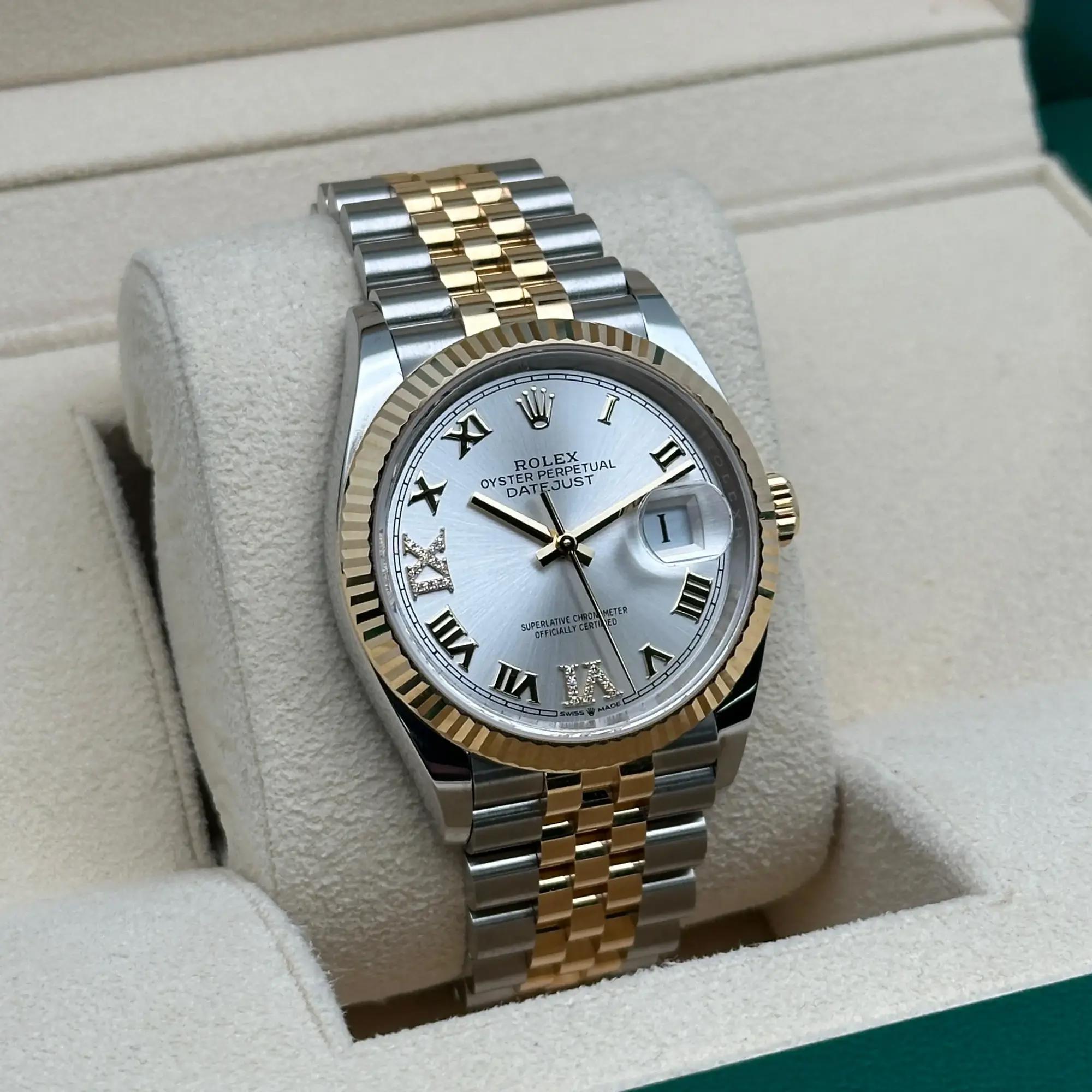 NEW Rolex Datejust 36 18K  Gold Steel VI IX Silver Diamond Dial Watch 126233 For Sale 2