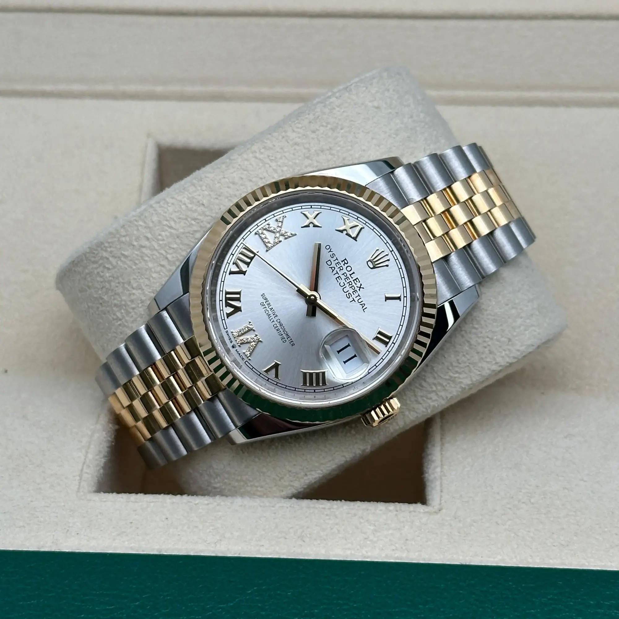 NEW Rolex Datejust 36 18K  Gold Steel VI IX Silver Diamond Dial Watch 126233 For Sale 3