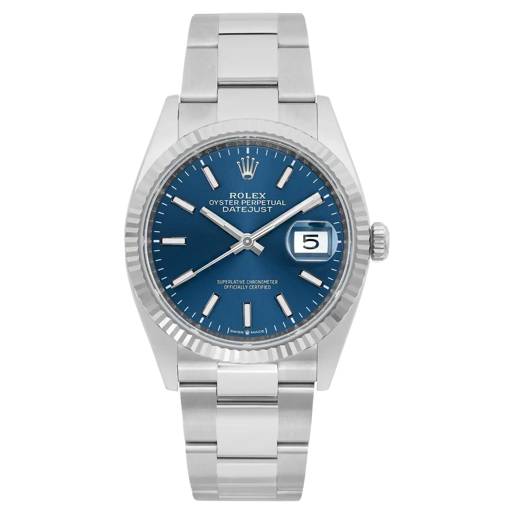 NEW Rolex Datejust 36mm Steel 18k White Gold Blue Dial Fluted Watch 126234