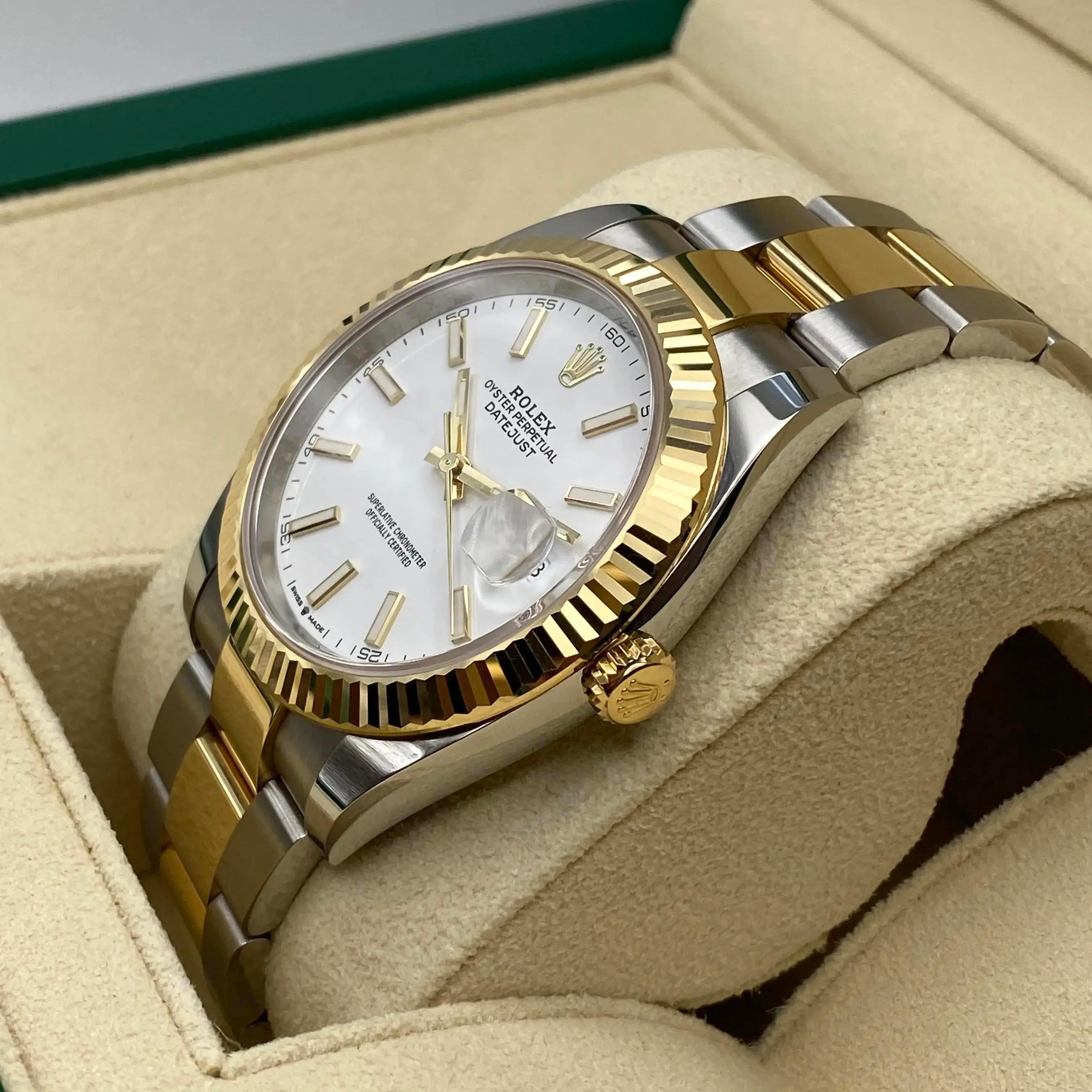 New Rolex Datejust 41 126333 Gold Steel White Stick Dial Automatic Watch B&P In New Condition For Sale In New York, NY