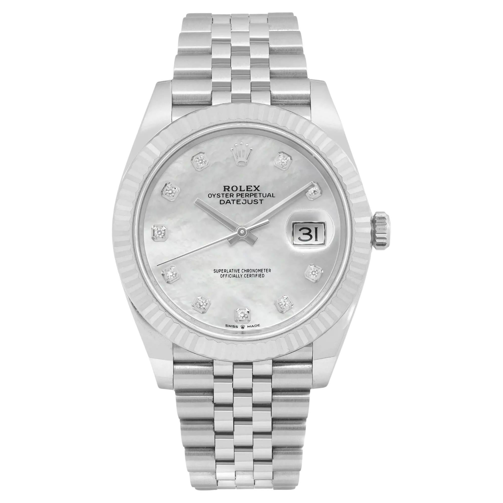 NEW Rolex Datejust 41 18K White Gold Steel MOP Diamond Dial Jubilee Watch 126334 For Sale