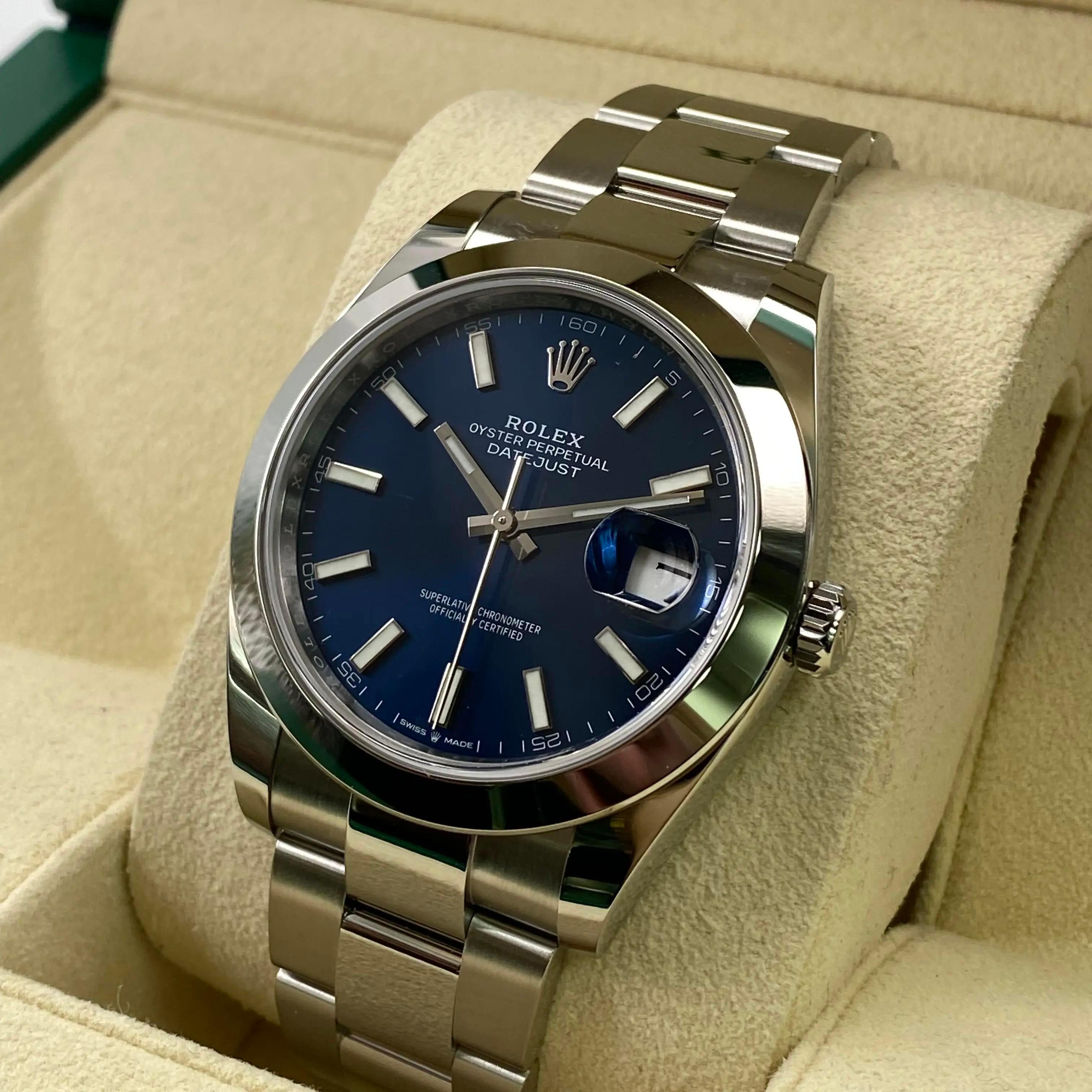 New Rolex Datejust 41 Steel Blue Stick Dial Automatic Mens Watch B&P 126300 In New Condition For Sale In New York, NY