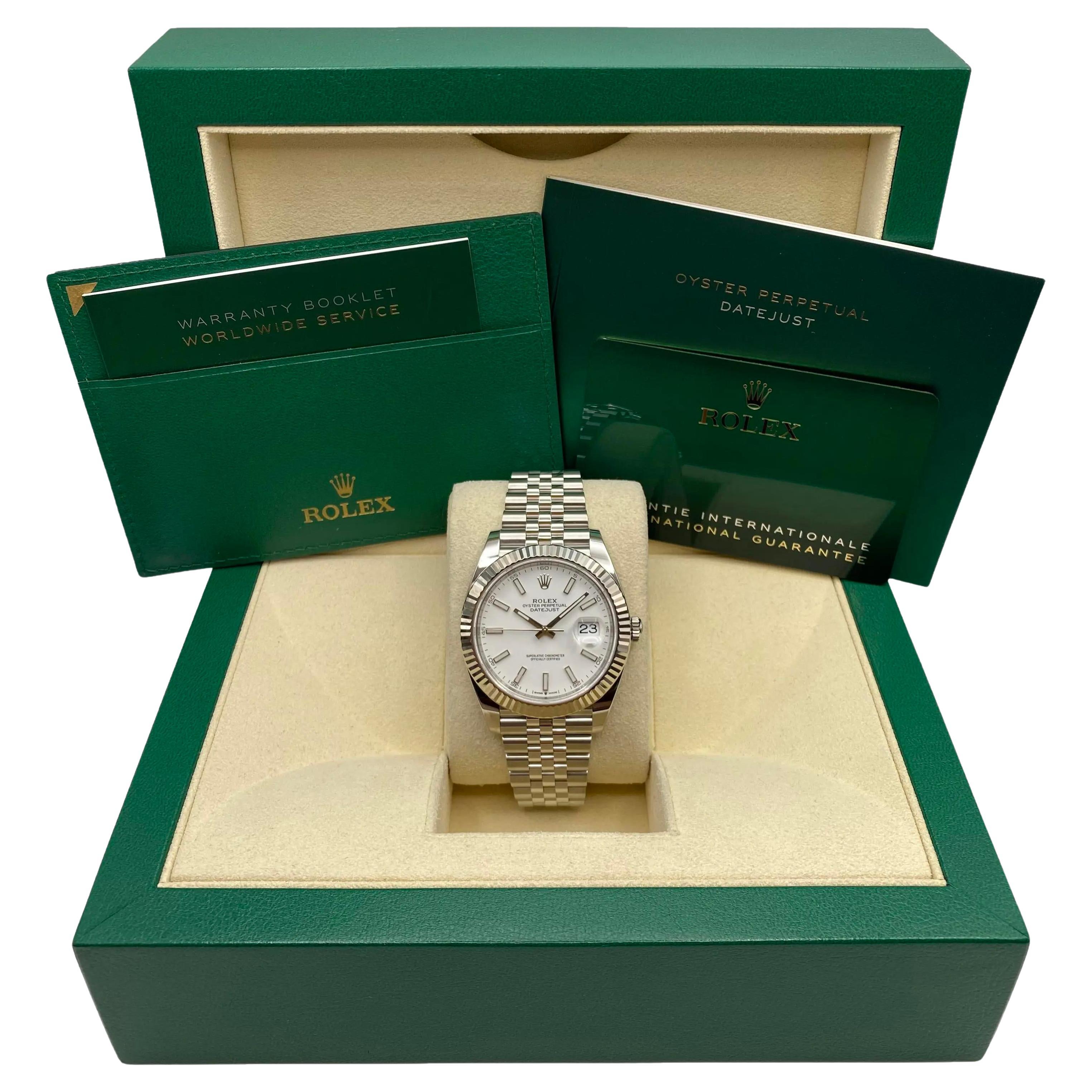 New Rolex Datejust 41 Orologio automatico con lunetta scanalata in acciaio e quadrante bianco B&P 126334