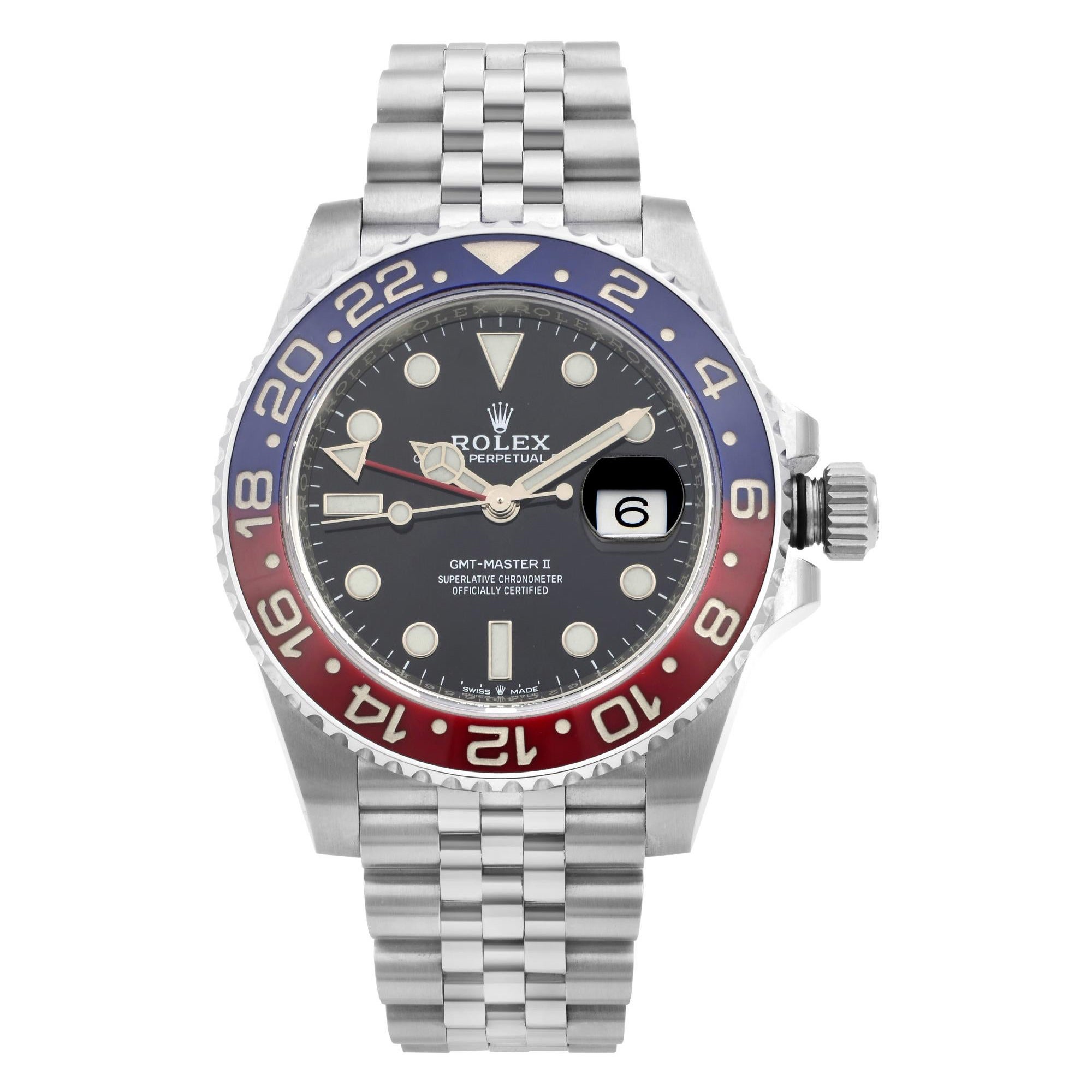NUEVO Rolex GMT-Master II Acero Cerámica Pepsi Esfera Negra Reloj para caballero 126710BLRO