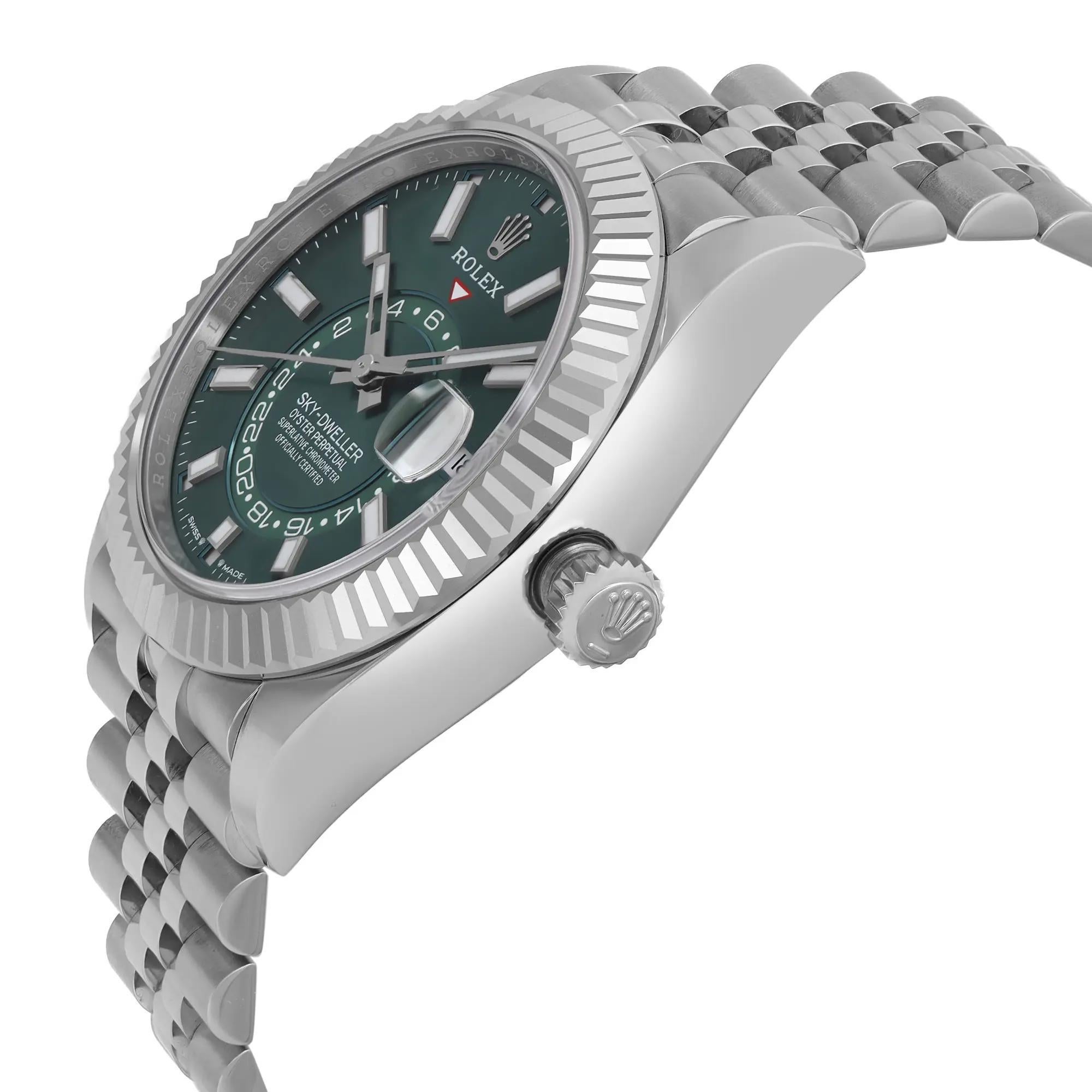 New Rolex Sky-Dweller 18K White Gold Steel Green Dial Jubilee Mens Watch 336934 In New Condition For Sale In New York, NY