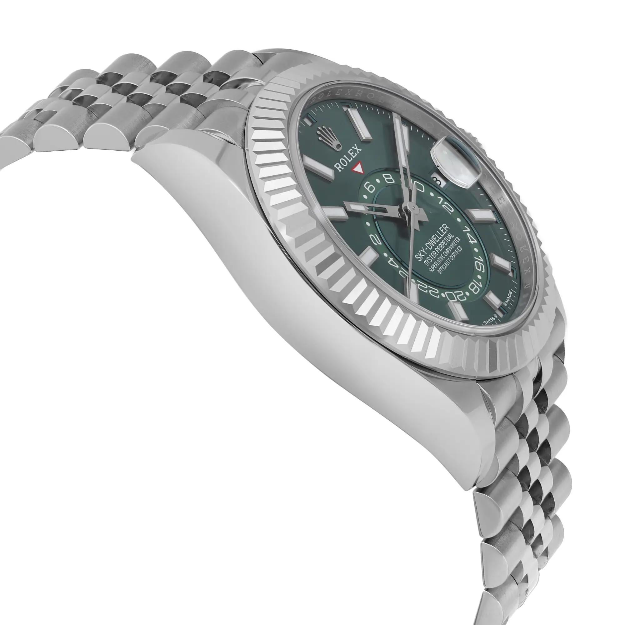 Men's New Rolex Sky-Dweller 18K White Gold Steel Green Dial Jubilee Mens Watch 336934 For Sale
