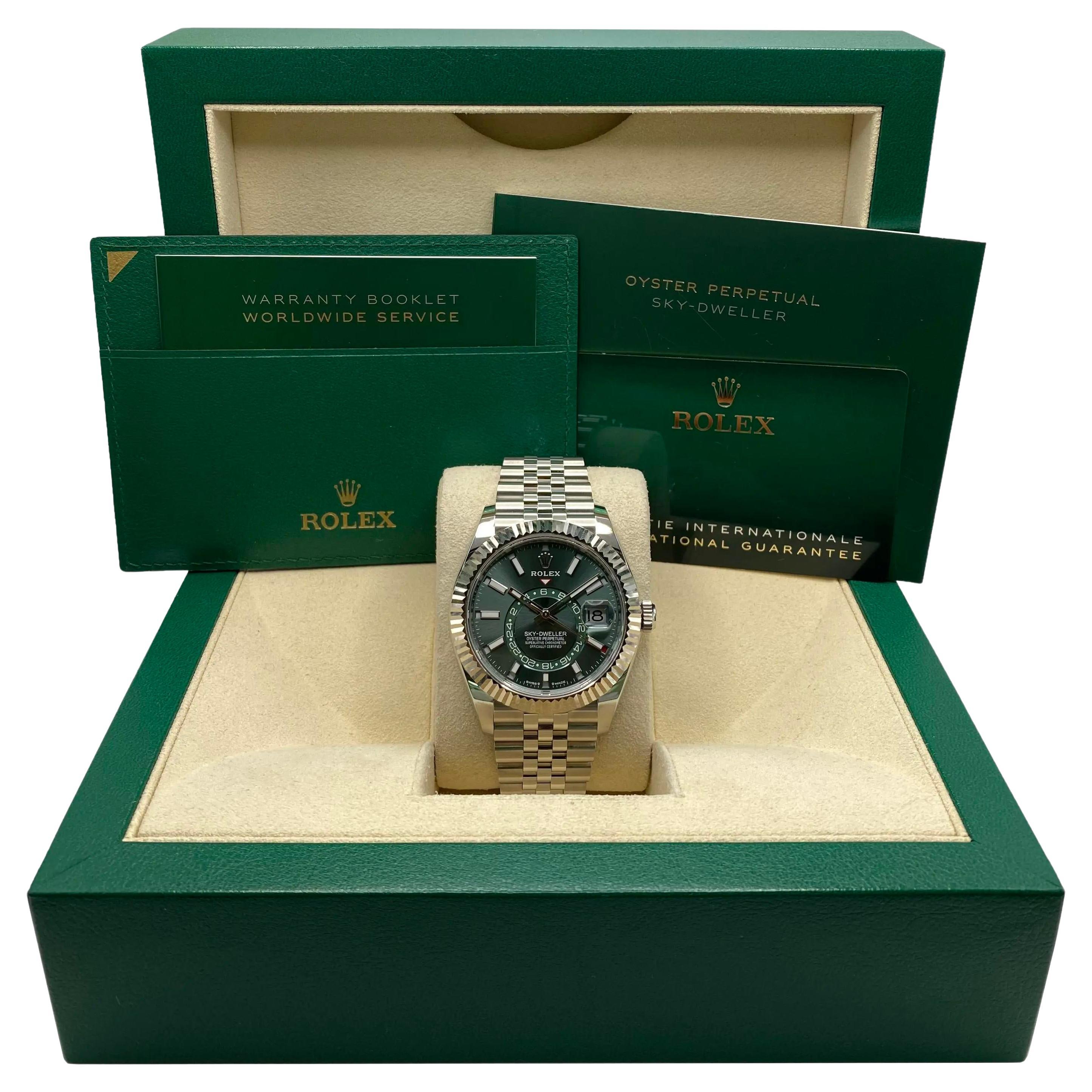 New Rolex Sky-Dweller 18K White Gold Steel Green Dial Jubilee Mens Watch 336934