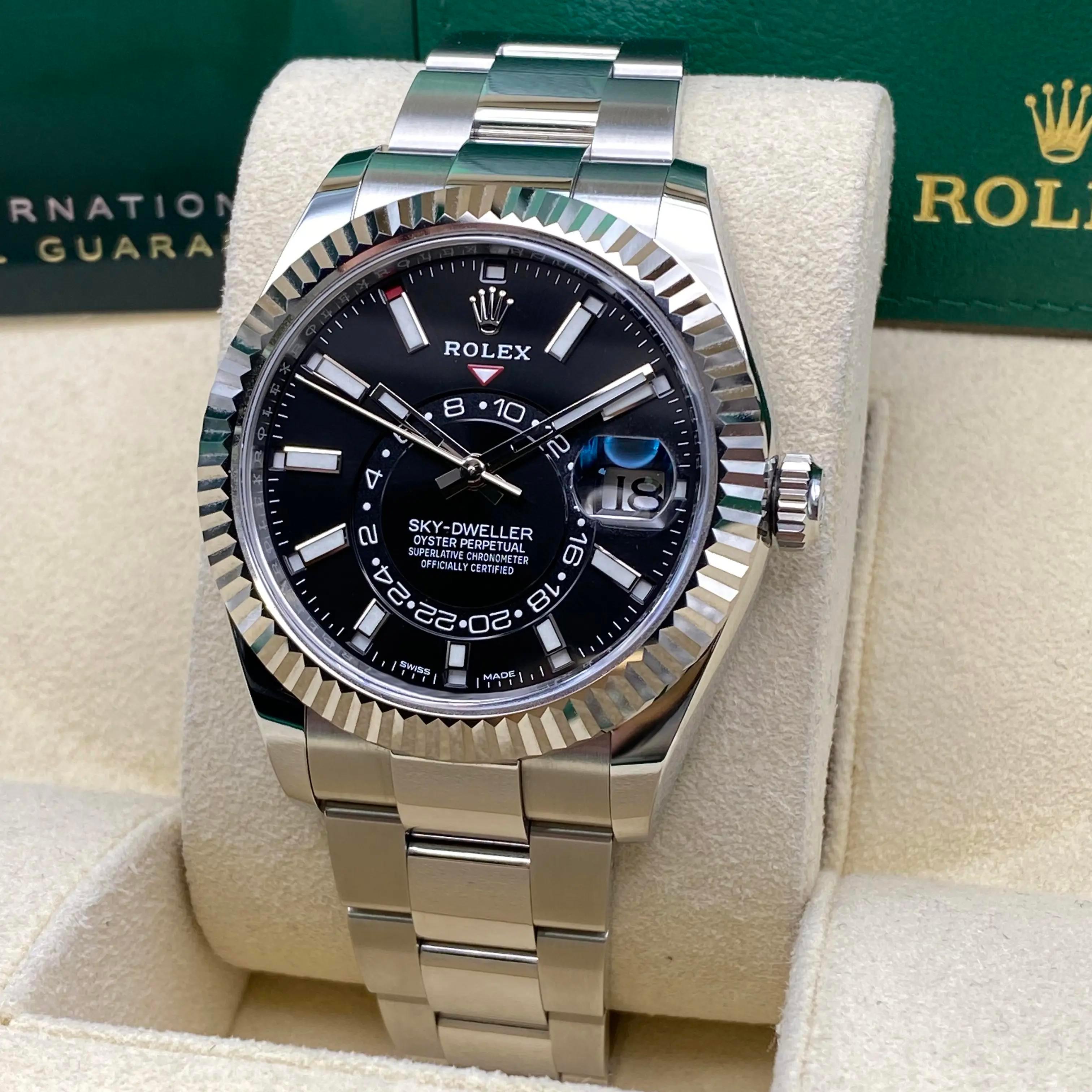 Brand new. This watch comes with an original box and paper.

Brand and Series Information:

Brand: Rolex
Series: Sky-Dweller
Model Number: 326934
Packaging and Warranty:

Packaging: Manufacturer's Box and Papers
Production Year: New Style