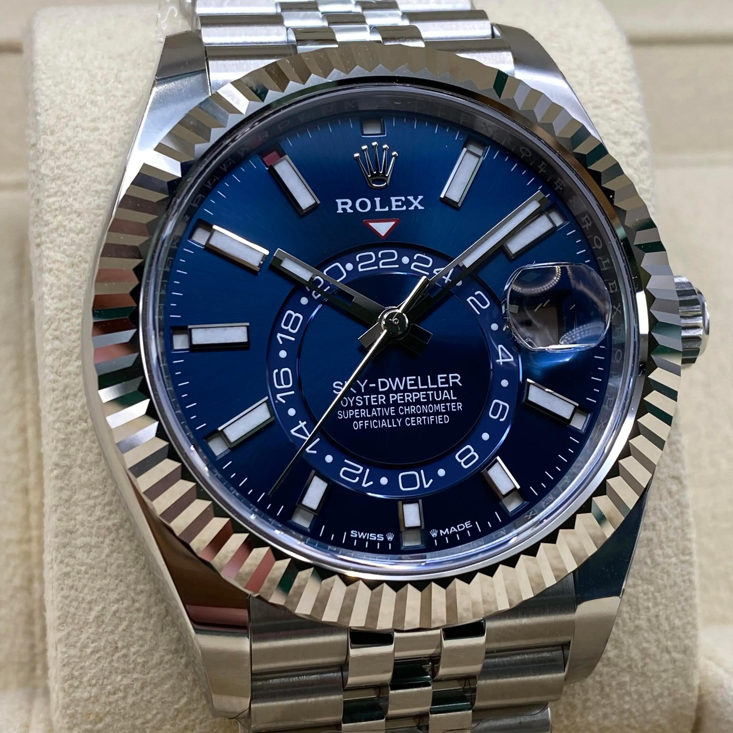 Men's NEW Rolex Sky-Dweller Jubilee Steel 18K White Gold Blue Dial Watch 336934 For Sale