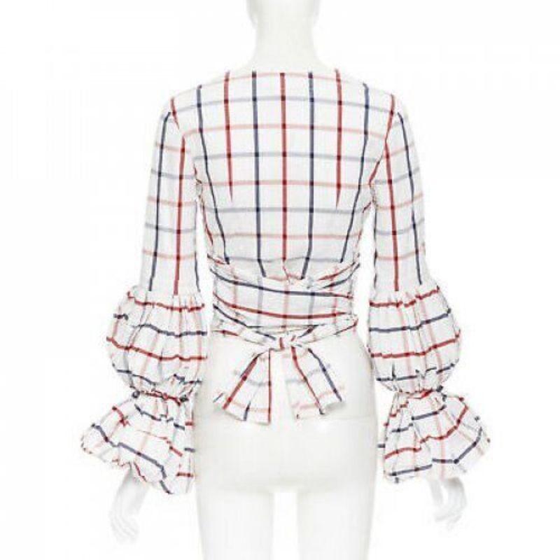 Women's new ROSIE ASSOULIN 2018 white checked seersucker puff sleeve wrap top US0 XS For Sale