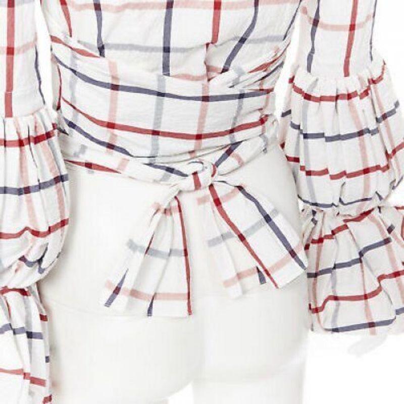 new ROSIE ASSOULIN 2018 white checked seersucker puff sleeve wrap top US0 XS For Sale 4