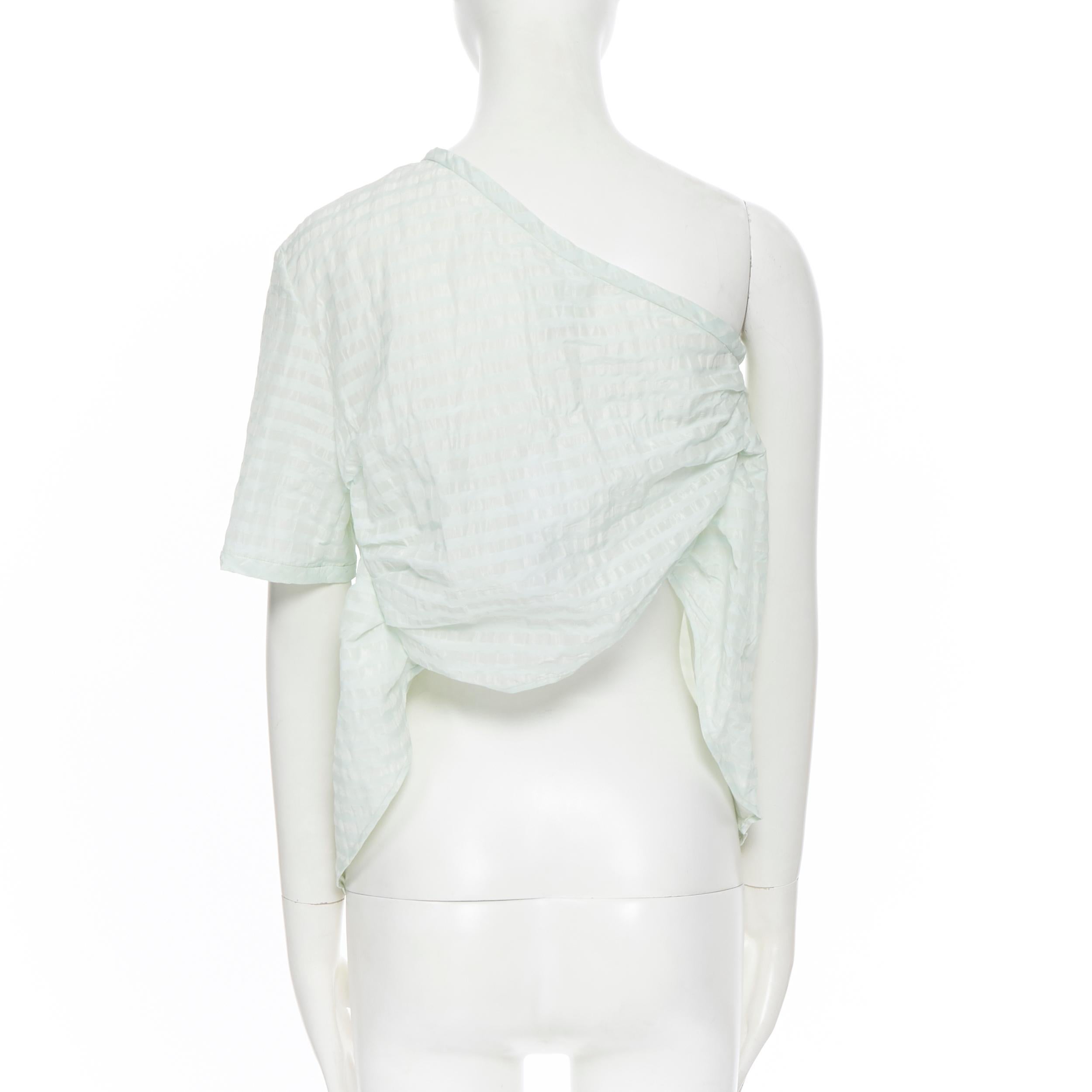new ROSIE ASSOULIN pastel green striped rusched draped back one shoulder top XS In Excellent Condition For Sale In Hong Kong, NT