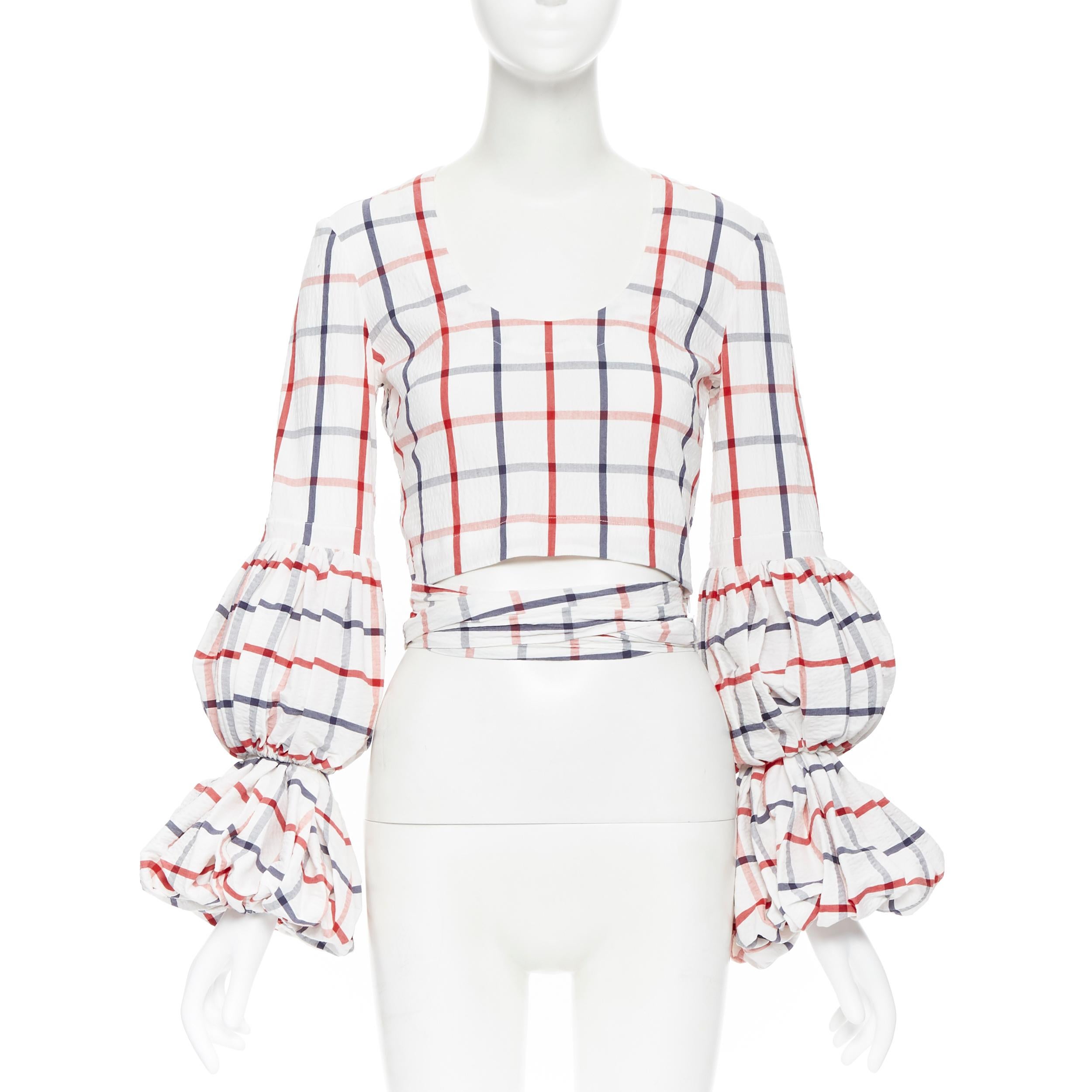 Gray new ROSIE ASSOULIN SS18 white checked seersucker puff sleeve wrap top US2 XS