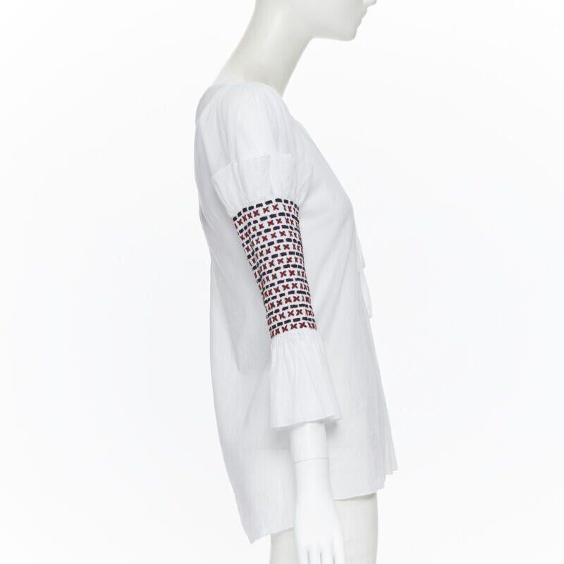 new ROSIE ASSOULIN white ethnic embroidery smocked sleeves off shoulder top US0 In New Condition For Sale In Hong Kong, NT