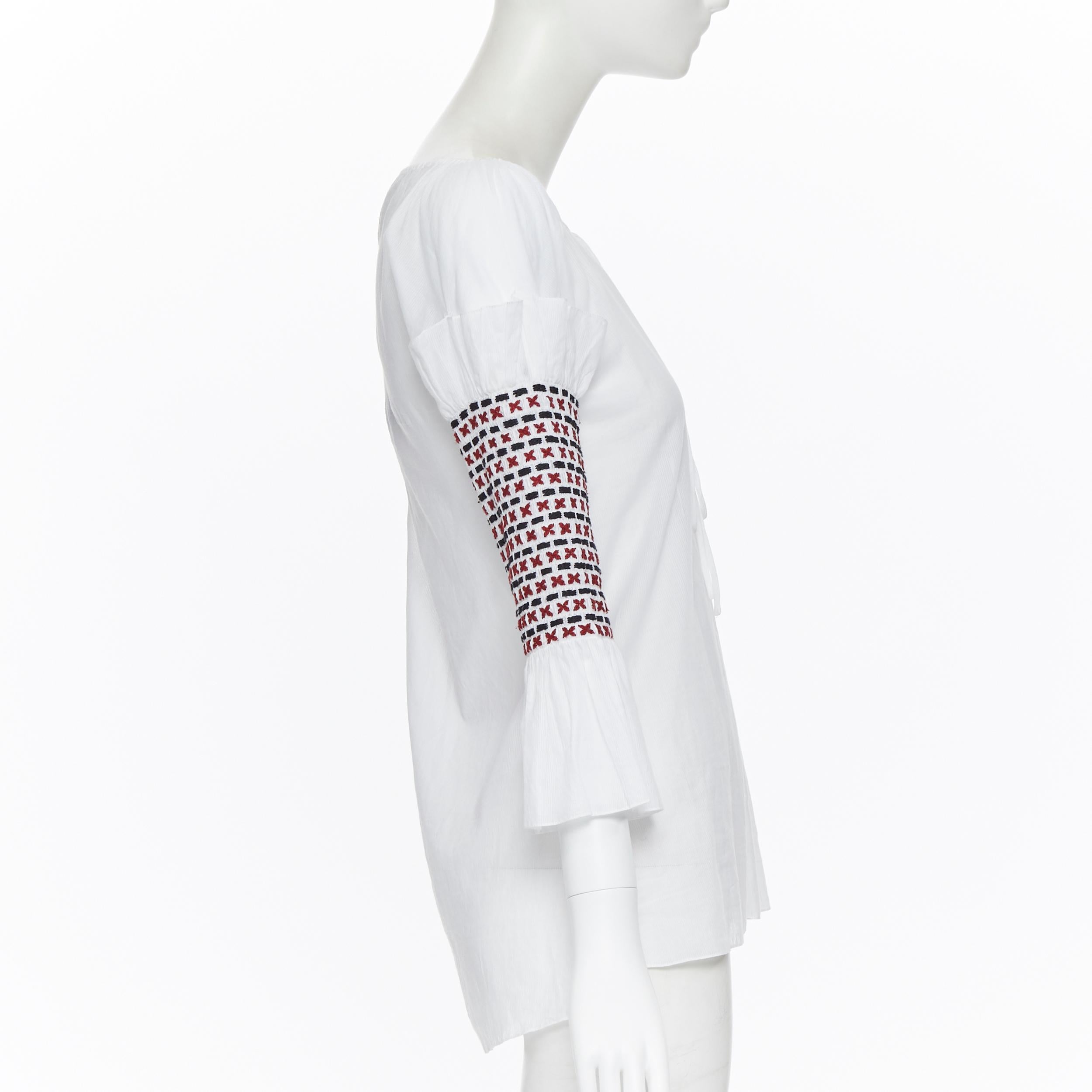 new ROSIE ASSOULIN white ethnic embroidery smocked sleeves off shoulder top US0 In New Condition In Hong Kong, NT