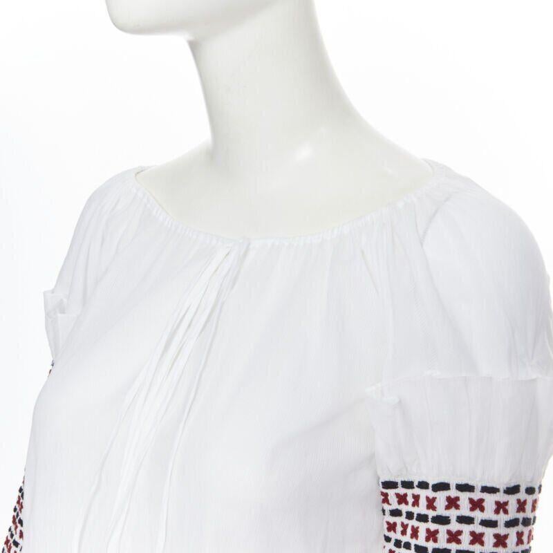 new ROSIE ASSOULIN white ethnic embroidery smocked sleeves off shoulder top US0 For Sale 2