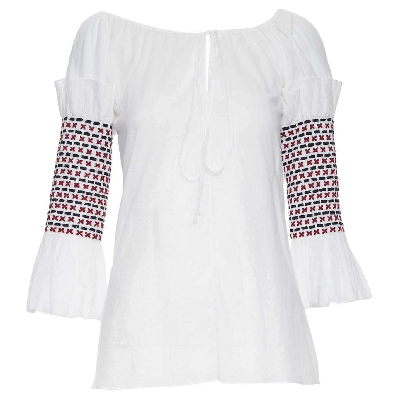 new ROSIE ASSOULIN white ethnic embroidery smocked sleeves off shoulder top US0