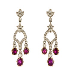 Vintage Ruby Diamond 18 Karat White Gold Drop Earrings