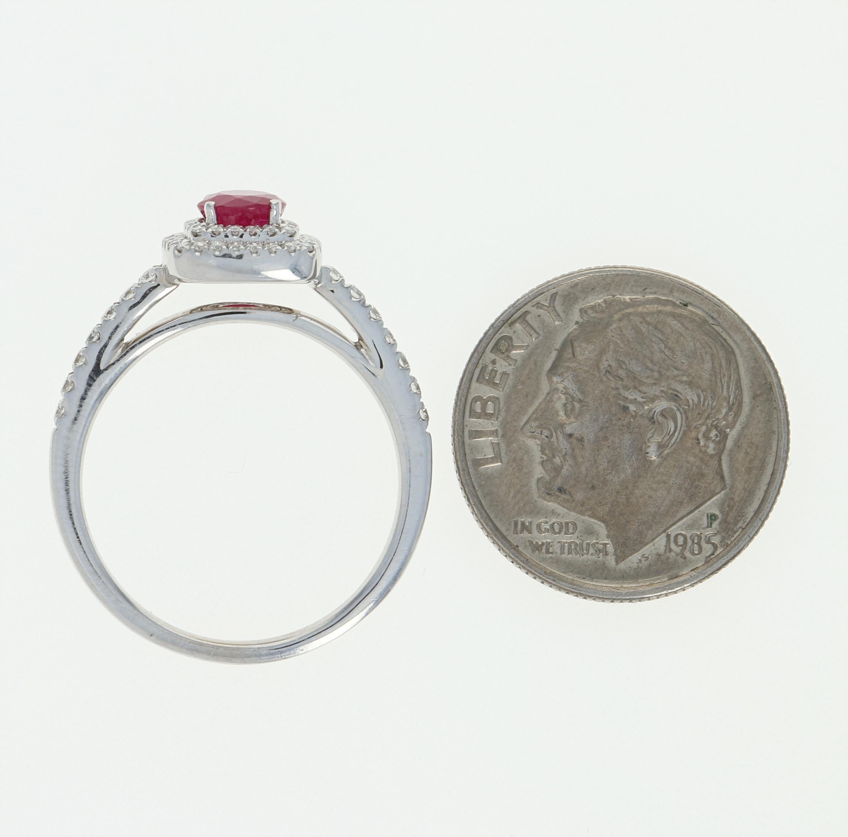 Women's Ruby and Diamond Halo Ring, 14 Karat White Gold Round Cut .80 Carat