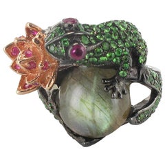 New Ruby Tsavorite Garnet Labradorite Frog Silver Ring