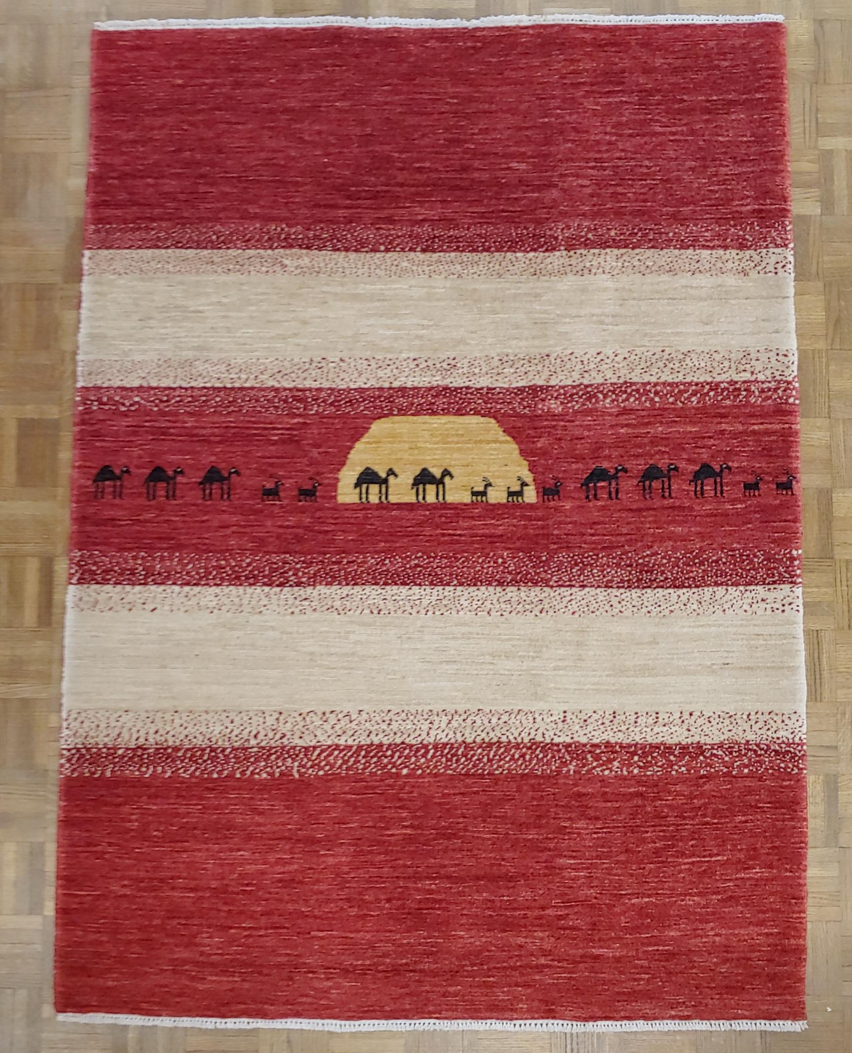 Woven New Rug From Afghanistan, Persian Gabbeh Design, Wool, Natural Dyes, 4-1x5-8  For Sale
