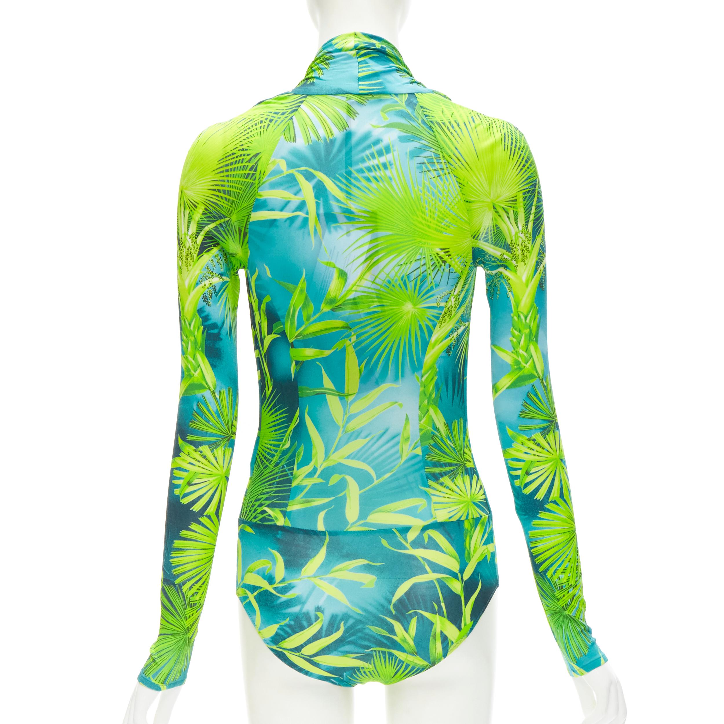 Women's new Runway VERSACE Jlo Jungle print green viscose plunge neck bodysuit IT36 XS For Sale