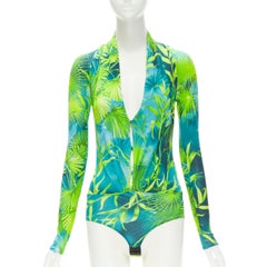 new Runway VERSACE Jlo Jungle print green viscose plunge neck bodysuit IT36 XS